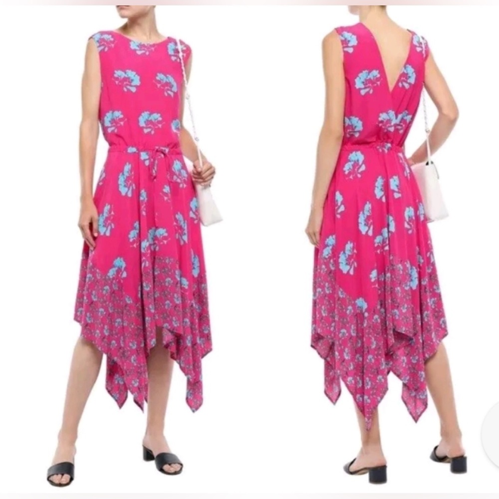Maje NWT Rushia Pink and Blue Floral Handkerchief Hem Dress Size Large - Picture 2 of 16